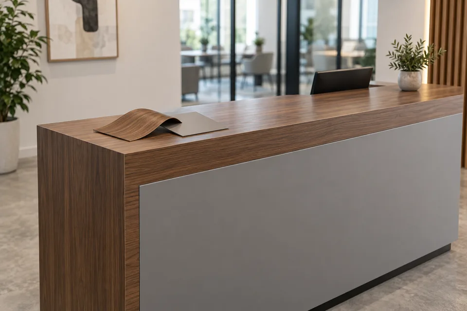 Concept reception counter with walnut-look and gray finishes and flexible material samples