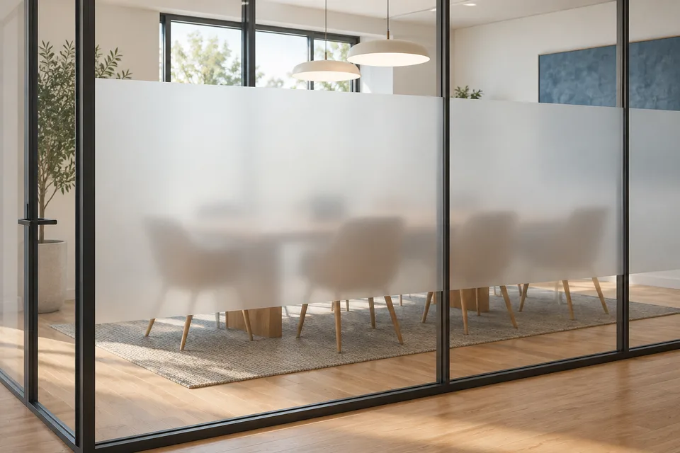Concept meeting room with a broad frosted privacy band on glass