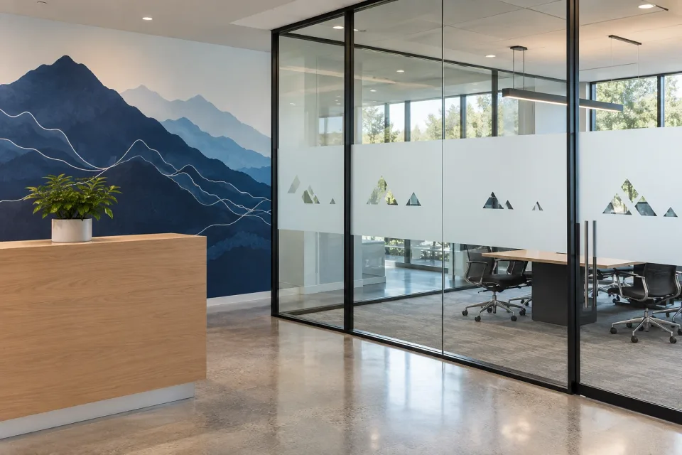 Concept reception with a blue mountain wall graphic and frosted glass