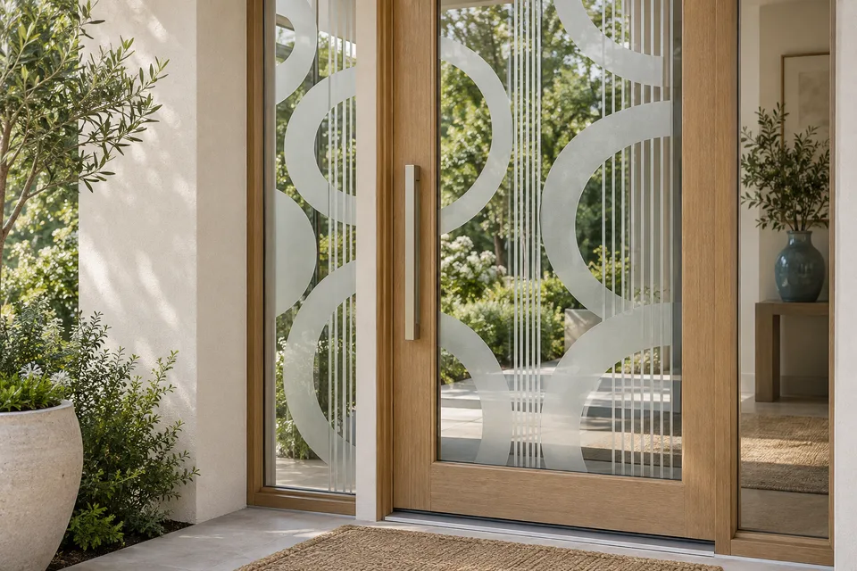 Concept entry glass with frosted arcs and fine vertical patterns