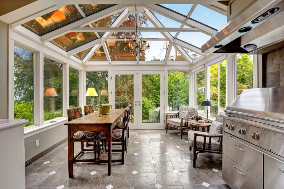 Bright sunroom with clear views into a green garden