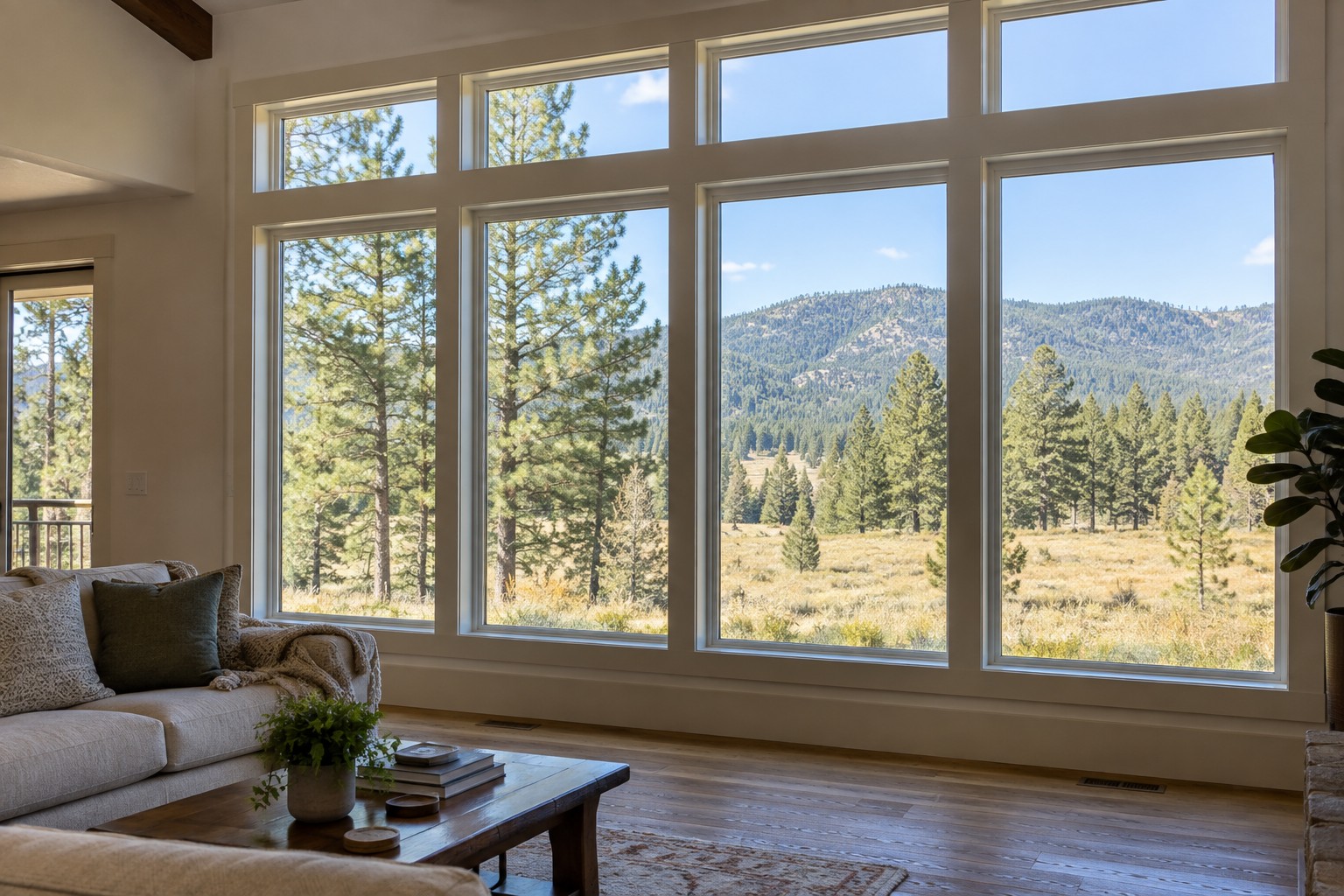Concept interior with clear windows overlooking foothill meadow and pine trees